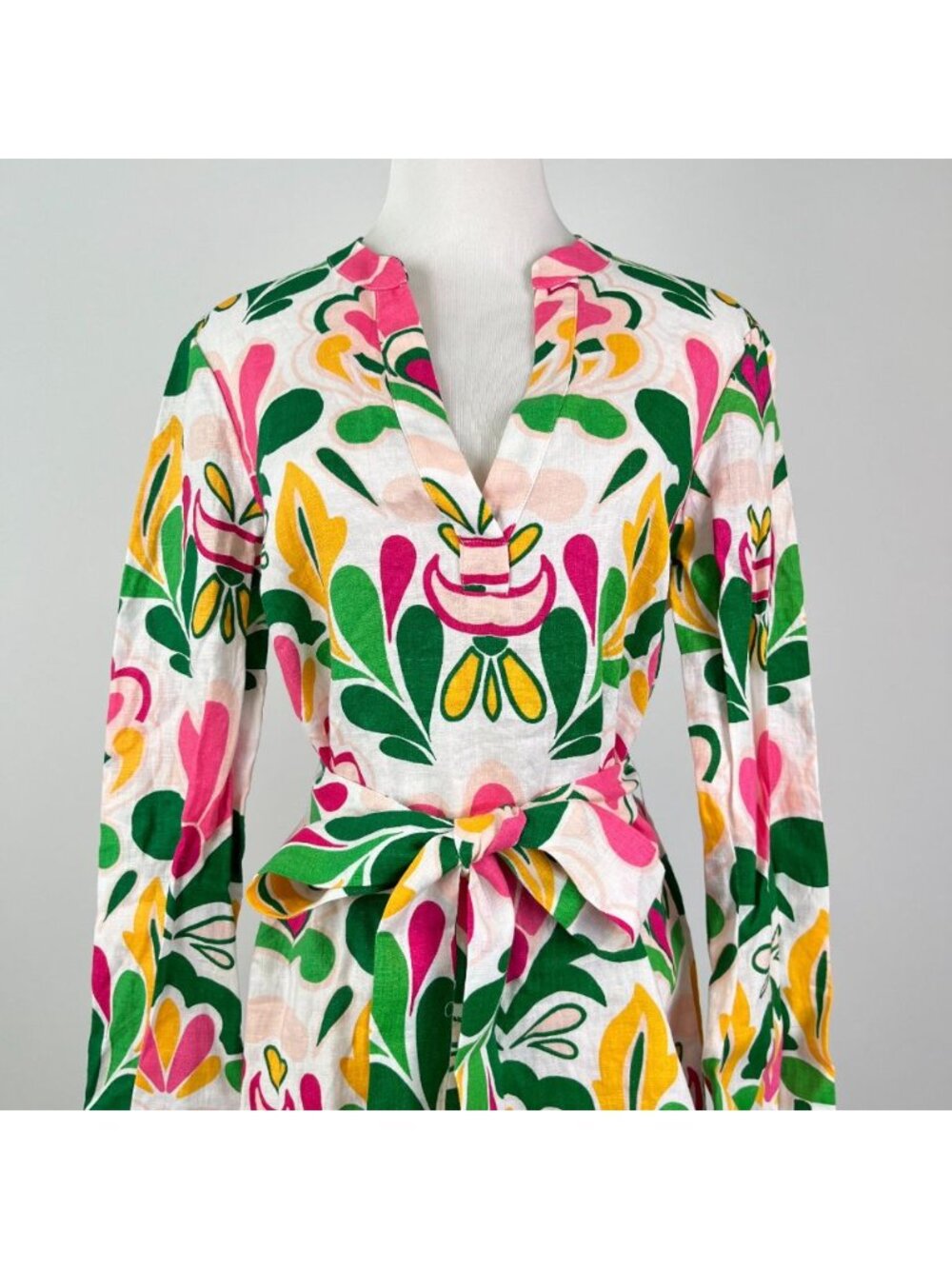 NWOT Boden Green Pink Cleo Linen Tie Waist Dress Multicolor V-Neck Size 8L - Picture 3 of 13